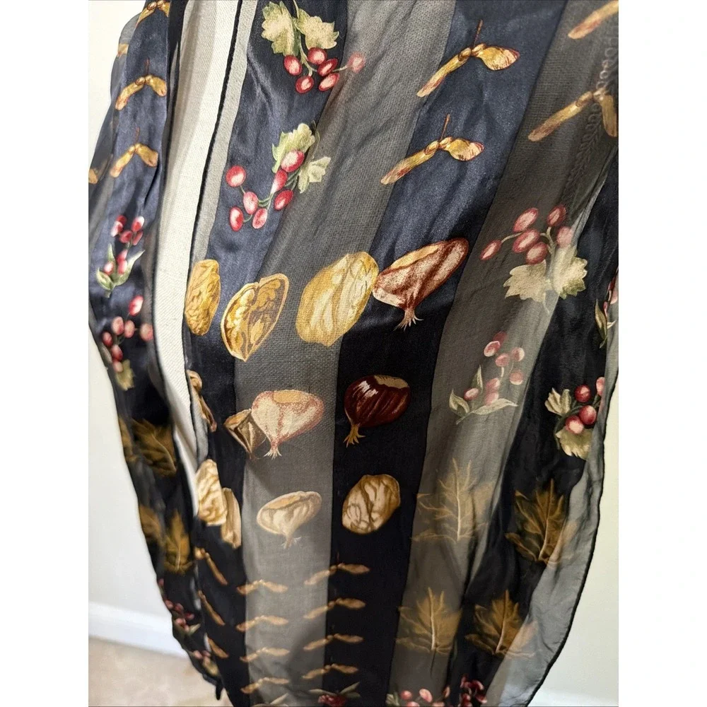 Echo Silk Botanical Scarf With Nuts, Seeds, Berries On Black Signed 58
